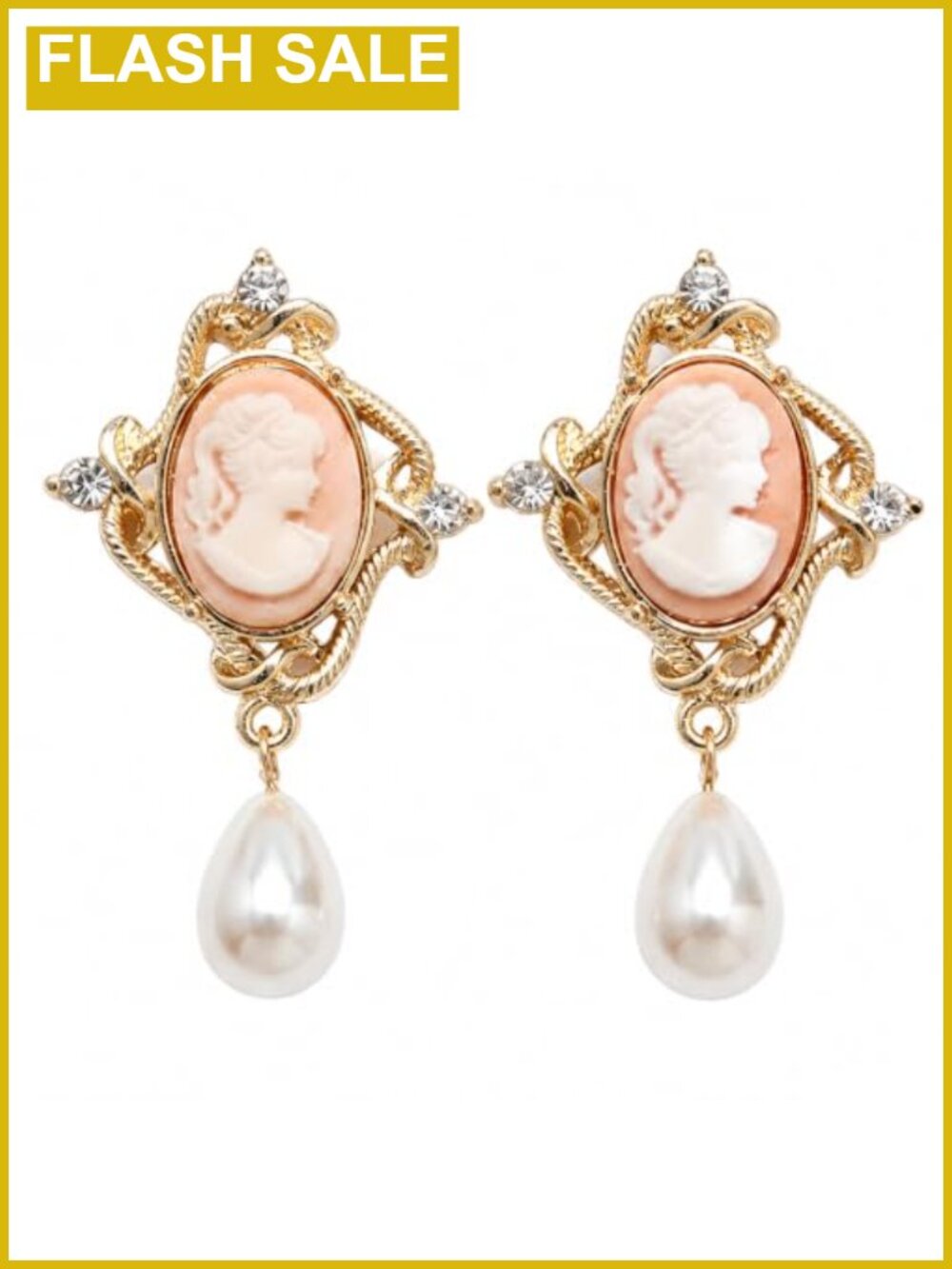 Victorian Cameo Pearl Drop Earrings Crystal Accents Butterfly Clasp